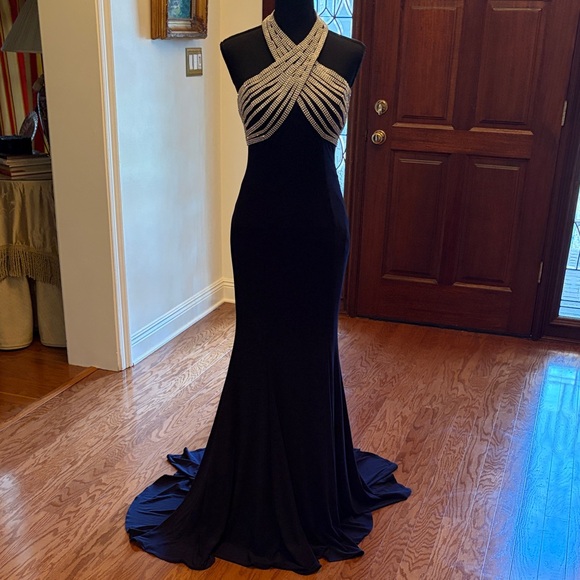Jovani navy Evening Gown , jersey with Beaded Halter Neck 2 - Picture 4 of 13